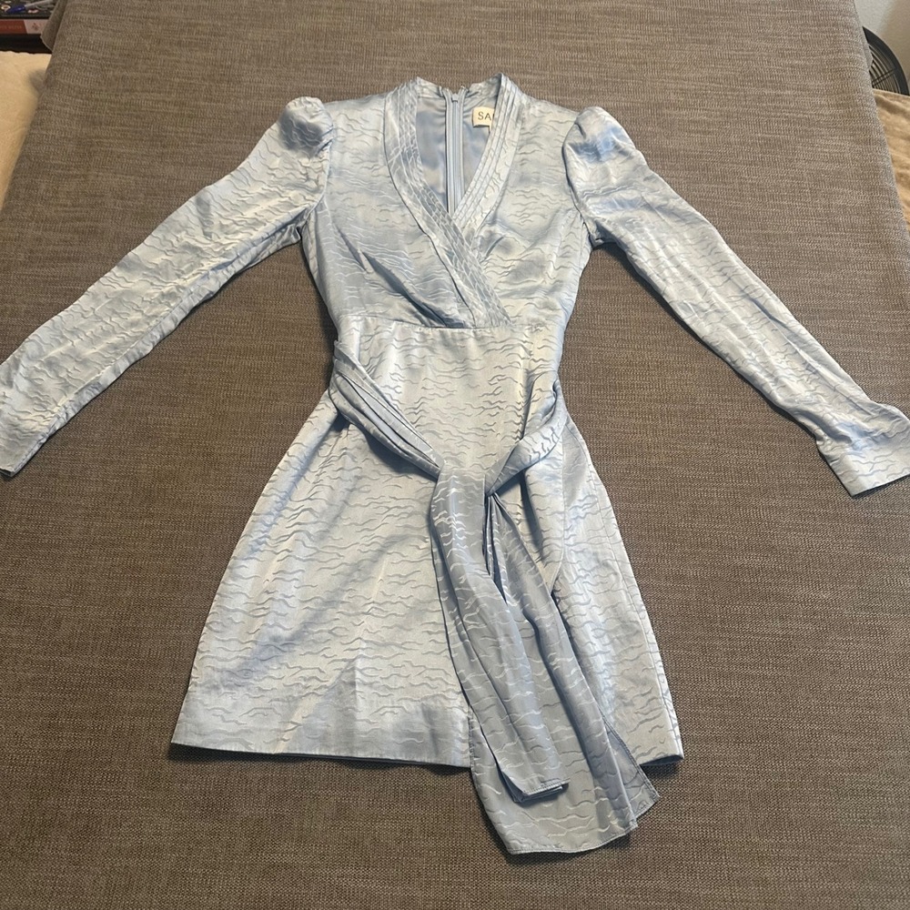 Saloni Mini Dress Women Size 0 Light Blue Jacquard V-Neck Long Sleeve Silk